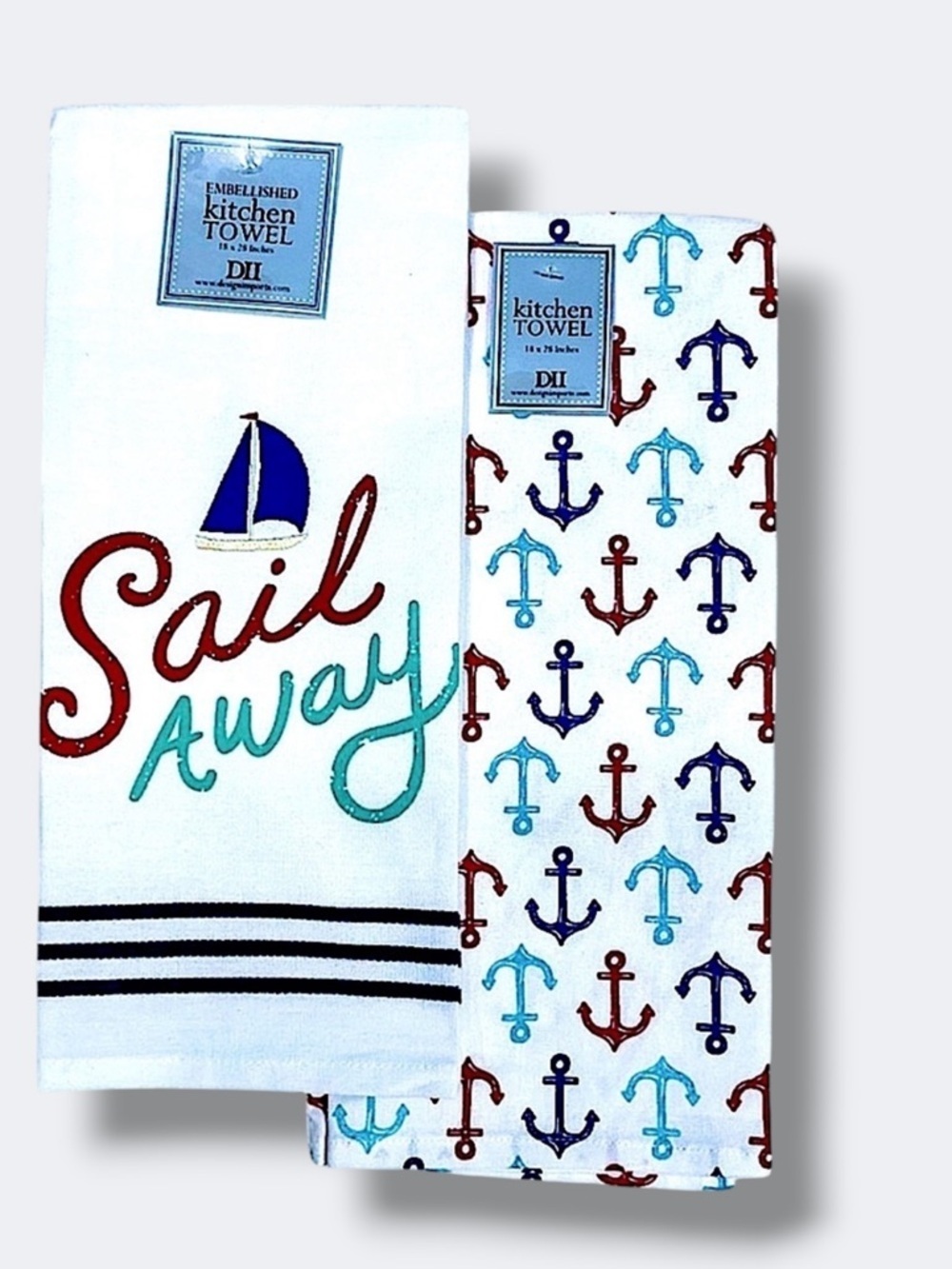 Sail Away Kitchen Towel Embellished Set Coastal Nautical Cotton Set 18 x 28 in